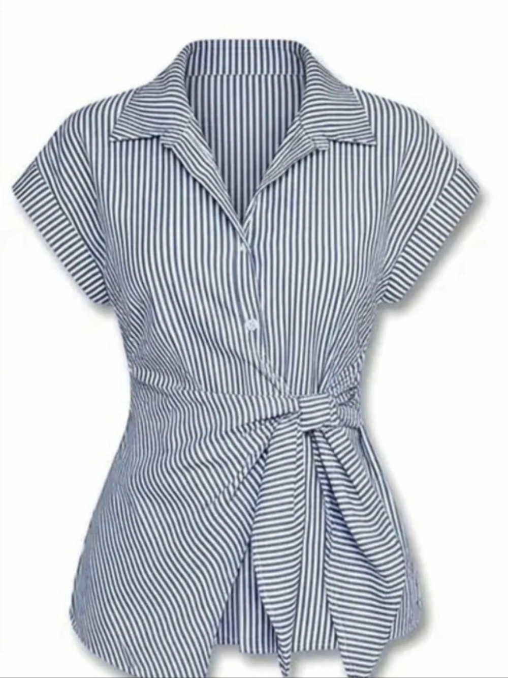 A New Day Short-Sleeve Button-Up Tie-Front Collared Shirt Blue & White